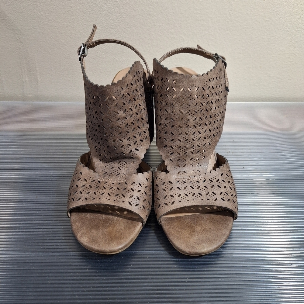 Maurices Taupe Boho Cut Out Scalloped Open Toe Slingback Stacked Heel Sandals - Picture 7 of 16